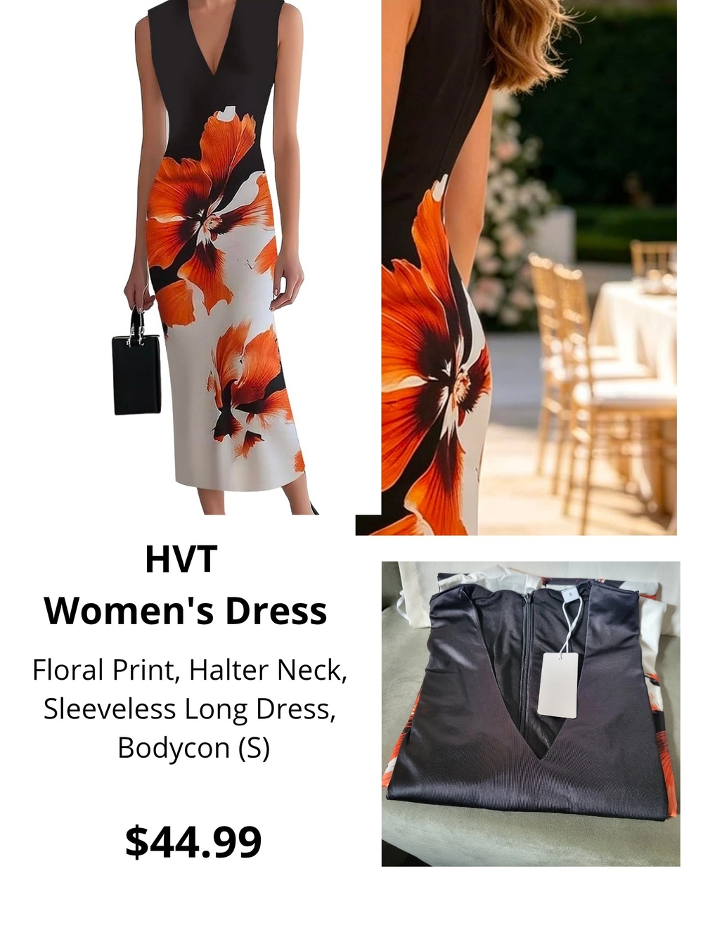 Women's Black Maxi Dress with Orange Floral Print